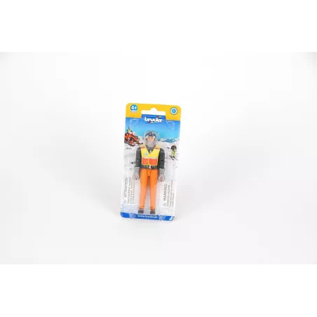 Muñeco conductor de motonieve de rescate Bruder con equipamiento detallado para misiones en la nieve.