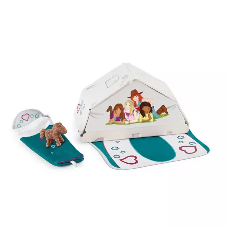 Accesorios de camping de juguete: tienda de campaña, saco de dormir y manta para caballo de Horse Club.