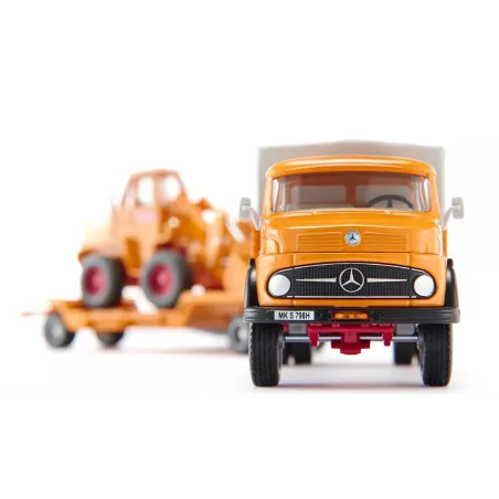 Maqueta a escala 1:50 del camión Mercedes-Benz 710 y cargadora Kramer 411 Bölling de juguete.