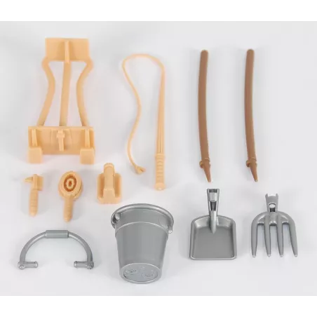 Set de equipo de establo de juguete Bruder escala 1:16 con accesorios detallados para granja infantil.
