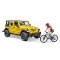 Jeep Wrangler Rubicon Unlimited de juguete Bruder con figura bworld y bicicleta de montaña a escala 1:16.