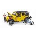 Jeep Wrangler Rubicon Unlimited de juguete Bruder con figura bworld y bicicleta de montaña a escala 1:16.