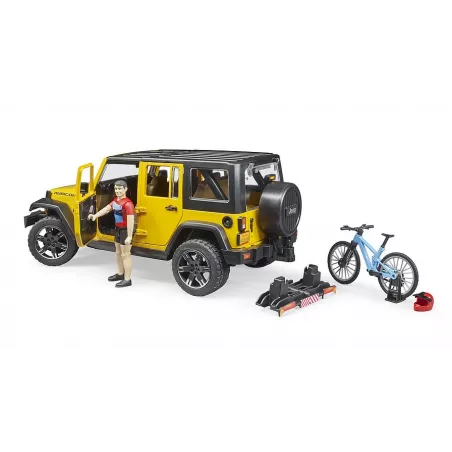 Jeep Wrangler Rubicon Unlimited de juguete Bruder con figura bworld y bicicleta de montaña a escala 1:16.