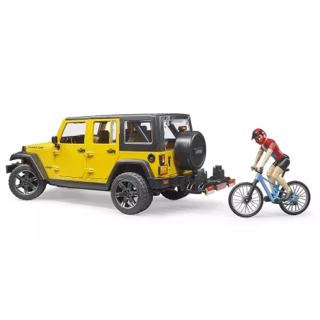 Jeep Wrangler Rubicon Unlimited de juguete Bruder con figura bworld y bicicleta de montaña a escala 1:16.