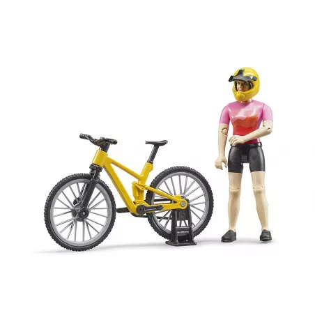 Bicicleta de montaña de juguete Bruder con figura articulada bworld y casco