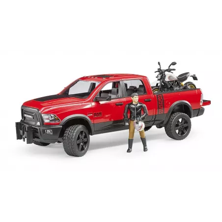 Camioneta RAM 2500 de juguete con moto Ducati Desert Sled y piloto a escala 1:16 de Bruder