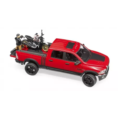 Camioneta RAM 2500 de juguete con moto Ducati Desert Sled y piloto a escala 1:16 de Bruder