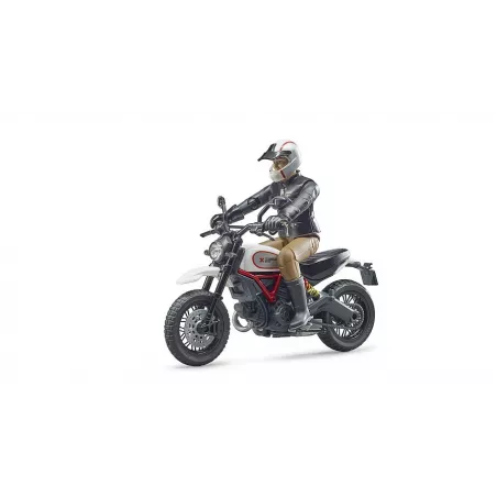 Moto de juguete Ducati Desert Sled a escala 1:16 con figura de piloto articulado de Bruder.