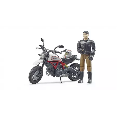 Moto de juguete Ducati Desert Sled a escala 1:16 con figura de piloto articulado de Bruder.