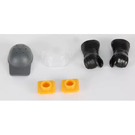Equipo de taller de juguete Bruder a escala 1:16 con herramientas y accesorios de plástico resistente.