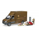 Juguete Mercedes-Benz Sprinter de UPS a escala 1:16 con figura de repartidor, carretilla y palés.