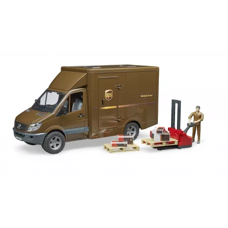 Juguete Mercedes-Benz Sprinter de UPS a escala 1:16 con figura de repartidor, carretilla y palés.