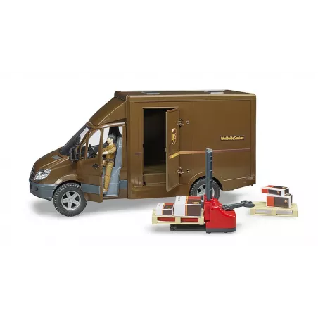 Juguete Mercedes-Benz Sprinter de UPS a escala 1:16 con figura de repartidor, carretilla y palés.