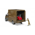 Juguete Mercedes-Benz Sprinter de UPS a escala 1:16 con figura de repartidor, carretilla y palés.