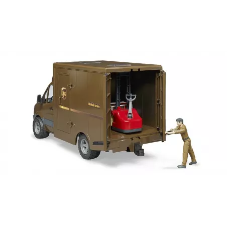 Juguete Mercedes-Benz Sprinter de UPS a escala 1:16 con figura de repartidor, carretilla y palés.