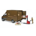 Juguete Mercedes-Benz Sprinter de UPS a escala 1:16 con figura de repartidor, carretilla y palés.