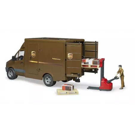 Juguete Mercedes-Benz Sprinter de UPS a escala 1:16 con figura de repartidor, carretilla y palés.