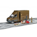 Juguete Mercedes-Benz Sprinter de UPS a escala 1:16 con figura de repartidor, carretilla y palés.