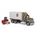 Camión de juguete MACK Granite de UPS a escala 1:16 con carretilla elevadora funcional.