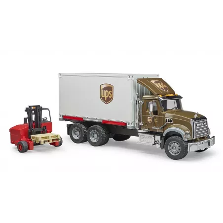 Camión de juguete MACK Granite de UPS a escala 1:16 con carretilla elevadora funcional.