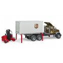 Camión de juguete MACK Granite de UPS a escala 1:16 con carretilla elevadora funcional.