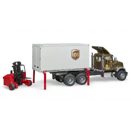 Camión de juguete MACK Granite de UPS a escala 1:16 con carretilla elevadora funcional.