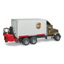 Camión de juguete MACK Granite de UPS a escala 1:16 con carretilla elevadora funcional.