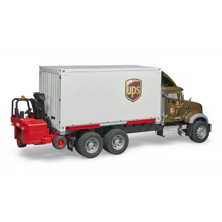 Camión de juguete MACK Granite de UPS a escala 1:16 con carretilla elevadora funcional.