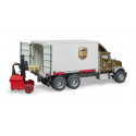 Camión de juguete MACK Granite de UPS a escala 1:16 con carretilla elevadora funcional.