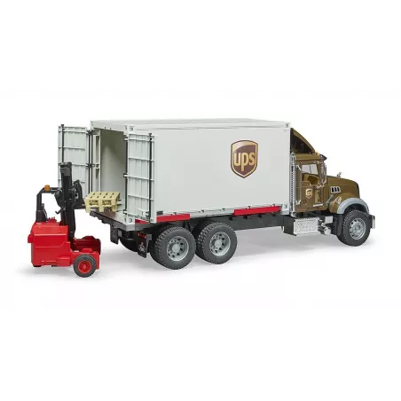 Camión de juguete MACK Granite de UPS a escala 1:16 con carretilla elevadora funcional.