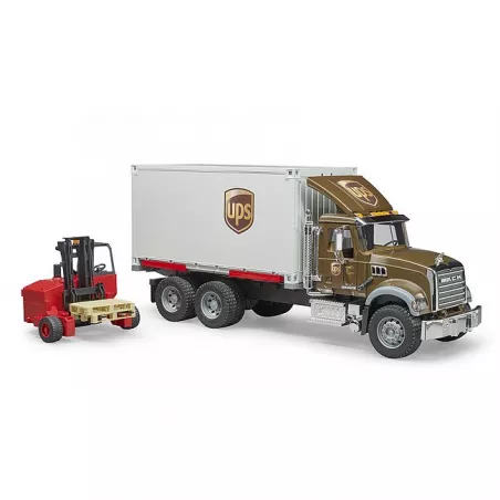 Camión de juguete MACK Granite de UPS a escala 1:16 con carretilla elevadora funcional.