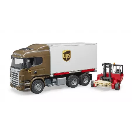 Camión de juguete Scania UPS a escala 1:16 con plataforma intercambiable y carretilla elevadora.