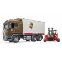 Camión de juguete Scania UPS a escala 1:16 con plataforma intercambiable y carretilla elevadora.