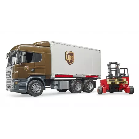 Camión de juguete Scania UPS a escala 1:16 con plataforma intercambiable y carretilla elevadora.