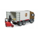 Camión de juguete Scania UPS a escala 1:16 con plataforma intercambiable y carretilla elevadora.