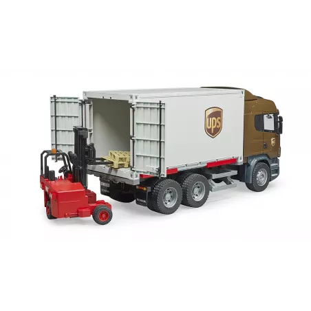 Camión de juguete Scania UPS a escala 1:16 con plataforma intercambiable y carretilla elevadora.