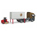Camión de juguete Scania UPS a escala 1:16 con plataforma intercambiable y carretilla elevadora.