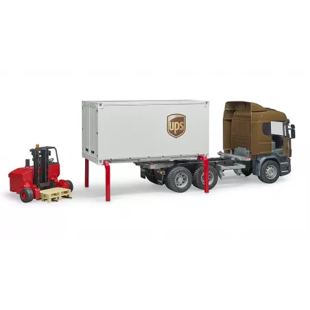 Camión de juguete Scania UPS a escala 1:16 con plataforma intercambiable y carretilla elevadora.
