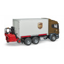 Camión de juguete Scania UPS a escala 1:16 con plataforma intercambiable y carretilla elevadora.