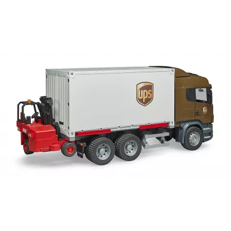 Camión de juguete Scania UPS a escala 1:16 con plataforma intercambiable y carretilla elevadora.
