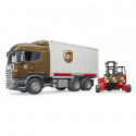 Camión de juguete Scania UPS a escala 1:16 con plataforma intercambiable y carretilla elevadora.