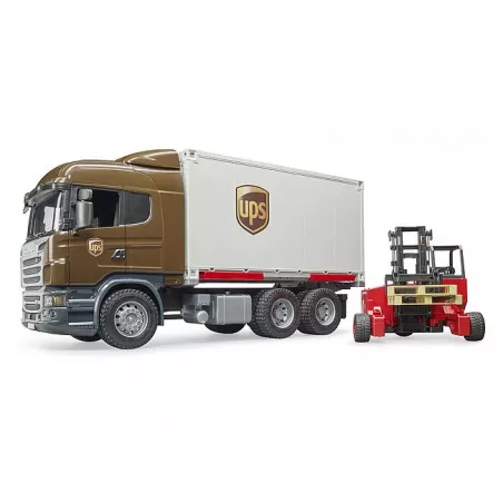 Camión de juguete Scania UPS a escala 1:16 con plataforma intercambiable y carretilla elevadora.
