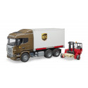 Camión de juguete Scania UPS a escala 1:16 con plataforma intercambiable y carretilla elevadora.