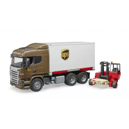 Camión de juguete Scania UPS a escala 1:16 con plataforma intercambiable y carretilla elevadora.