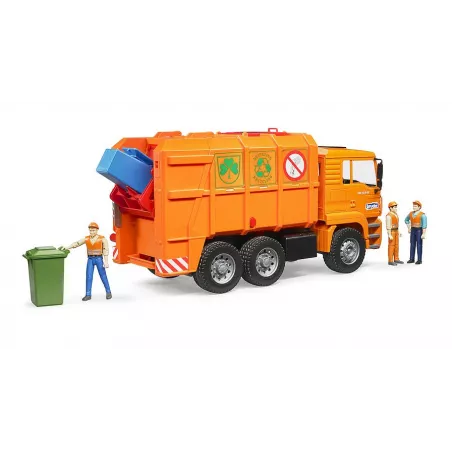 Camión de basura de juguete MAN TGA naranja a escala 1:16 con funciones de carga y descarga.