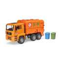 Camión de basura de juguete MAN TGA naranja a escala 1:16 con funciones de carga y descarga.