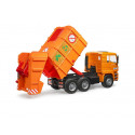 Camión de basura de juguete MAN TGA naranja a escala 1:16 con funciones de carga y descarga.