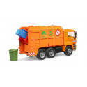 Camión de basura de juguete MAN TGA naranja a escala 1:16 con funciones de carga y descarga.