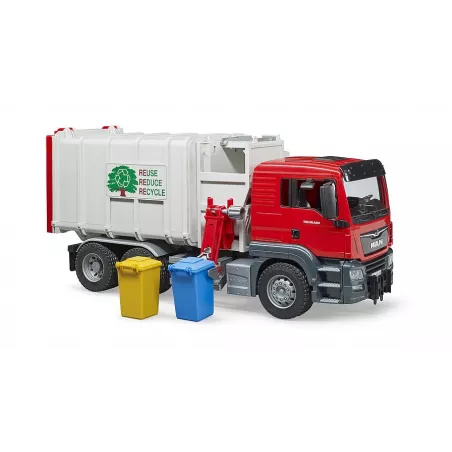 Camión de basura de juguete MAN TGS de Bruder a escala 1:16 con cargador lateral y contenedor trasero.