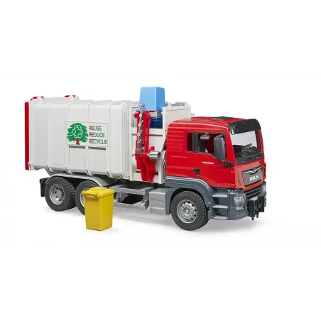 Camión de basura de juguete MAN TGS de Bruder a escala 1:16 con cargador lateral y contenedor trasero.